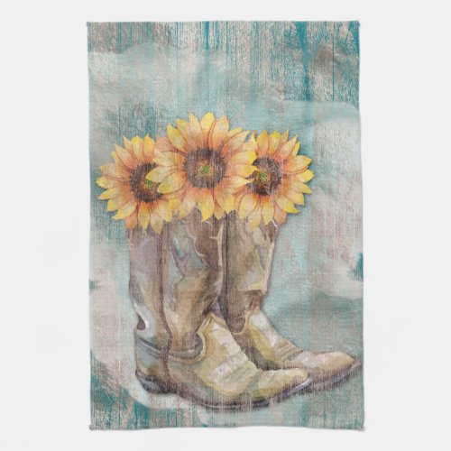 Frosted Sunflower Cowboy Boots on Teal Kitchen Towel