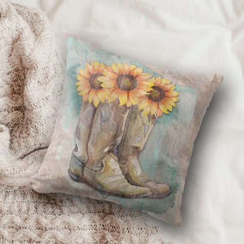 Frosted Sunflower Cowboy Boots Throw Pillow