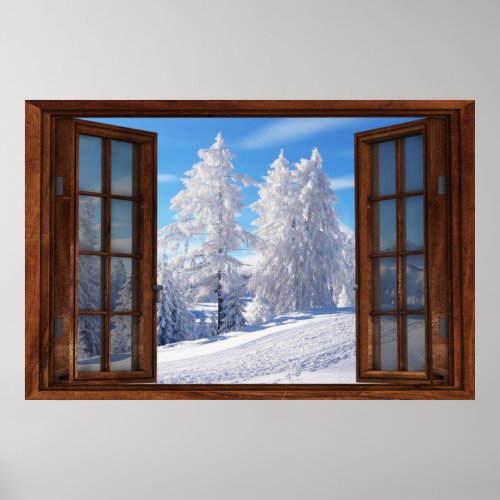 Frosted Trees Winter Scene Window Illusion Poster