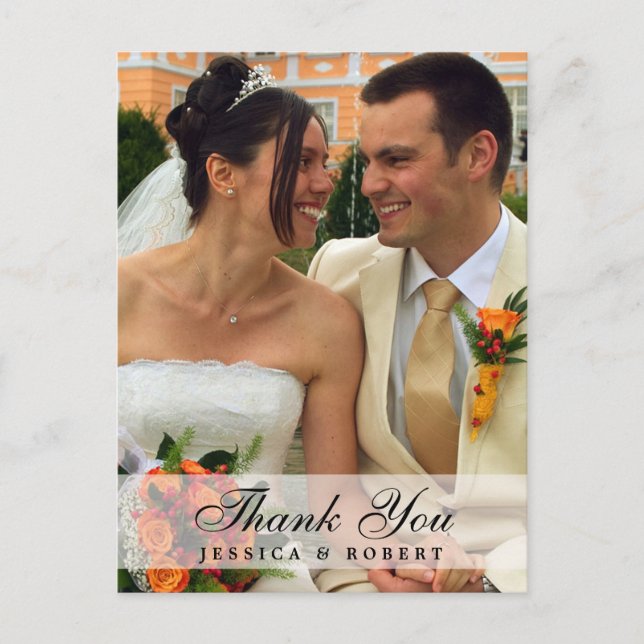 Frosted wedding photo custom black thank you note postcard (Front)