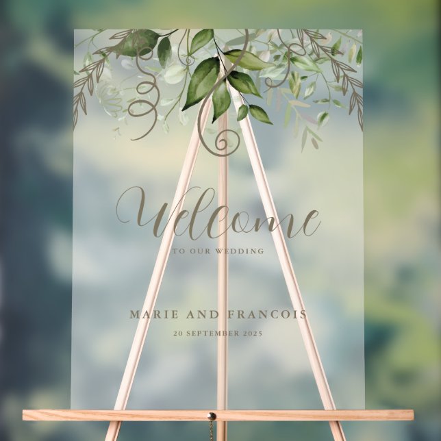 Frosted Wedding Welcome Tropical Greenery Acrylic Sign (Neutral)