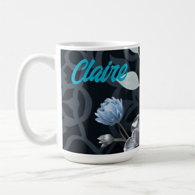 Frosted Winter Floral, Icy Blue & Silver Pattern R Coffee Mug (Left)