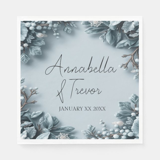 Frosted Winter Florals Custom Name Wedding Napkins (Front)