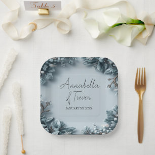 Frosted Winter Florals Wedding Custom Name Paper Plates