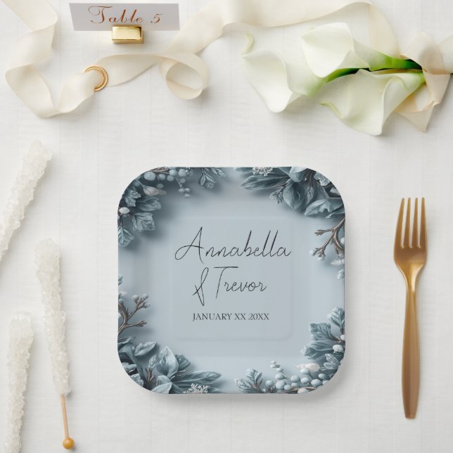 Frosted Winter Florals Wedding Custom Name Paper Plates (Wedding)