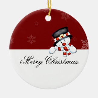 Frostie on Red with White Snowflakes Ceramic Ornament