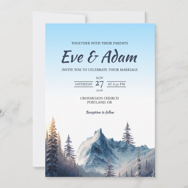 Frosty Alpine Mountain Watercolor Winter Wedding Invitation (Front)