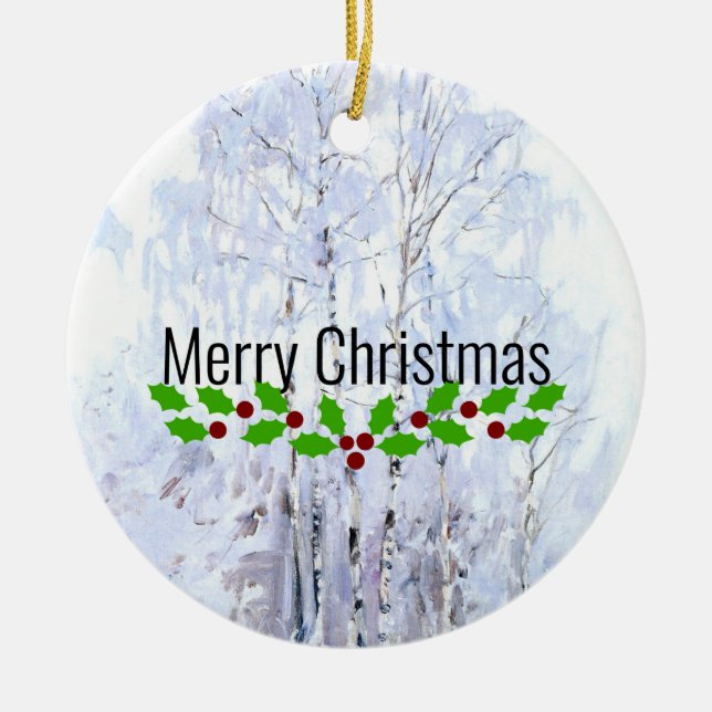 Frosty Birch Trees, Christmas Greetings Ceramic Ornament (Front)