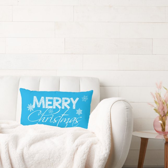 Frosty Blue and White Snowflakes | Merry Christmas Lumbar Pillow (Couch)