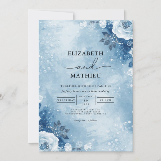 Frosty Blue Bloom Winter Wedding Invitation (Front)