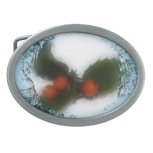 Frosty Blue Christmas Holly Oval Belt Buckle