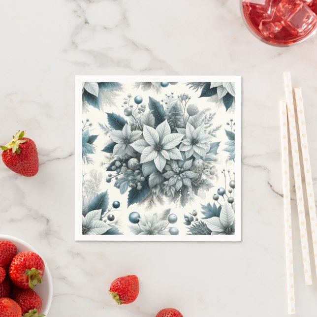 Frosty Blue Christmas Poinsettia Découpage Napkins (Insitu)