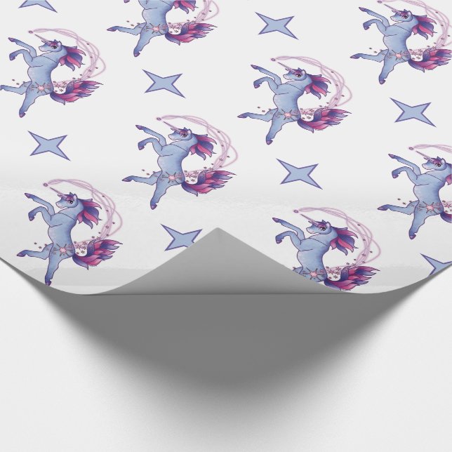 Frosty blue dancing unicorn wrapping paper (Corner)