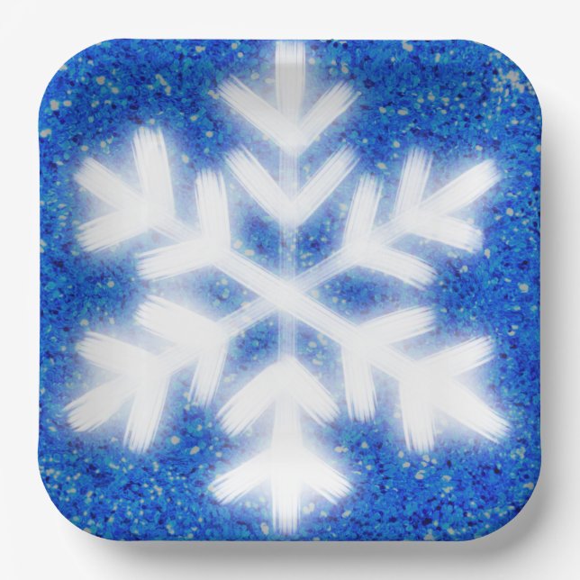 Frosty blue North Pole snowflakes | sparkling snow Paper Plates (Front)