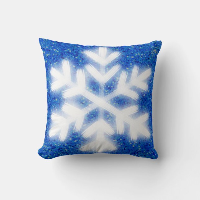 Frosty blue North Pole snowflakes | sparkling snow Throw Pillow (Front)