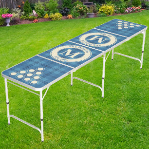 Frosty Blue Plaid Family Monogram & Name Beer Pong Table
