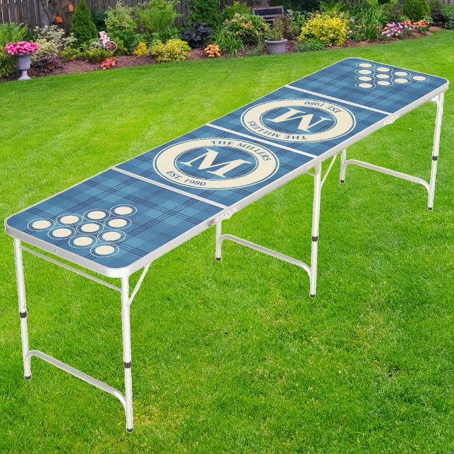 Frosty Blue Plaid Family Monogram & Name Beer Pong Table (Creator Uploaded)