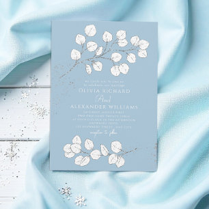 Frosty Blue Silver greenery Eucalyptus Wedding Invitation