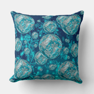 Frosty Blue Snowflake Bubbles Holiday Throw Pillow