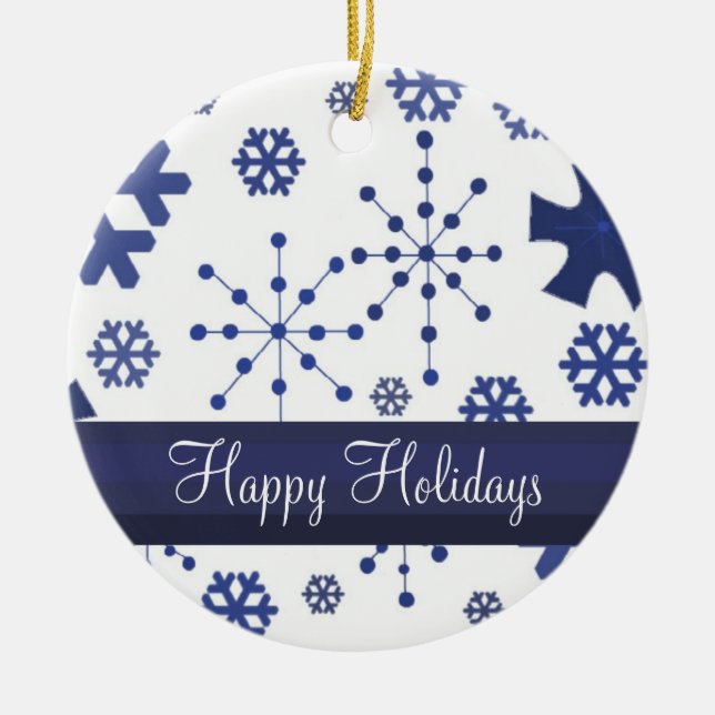 Frosty Blue Snowflakes Ceramic Ornament (Front)