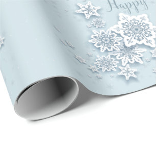 Frosty Blue Snowflakes Happy Holidays Wrapping Paper