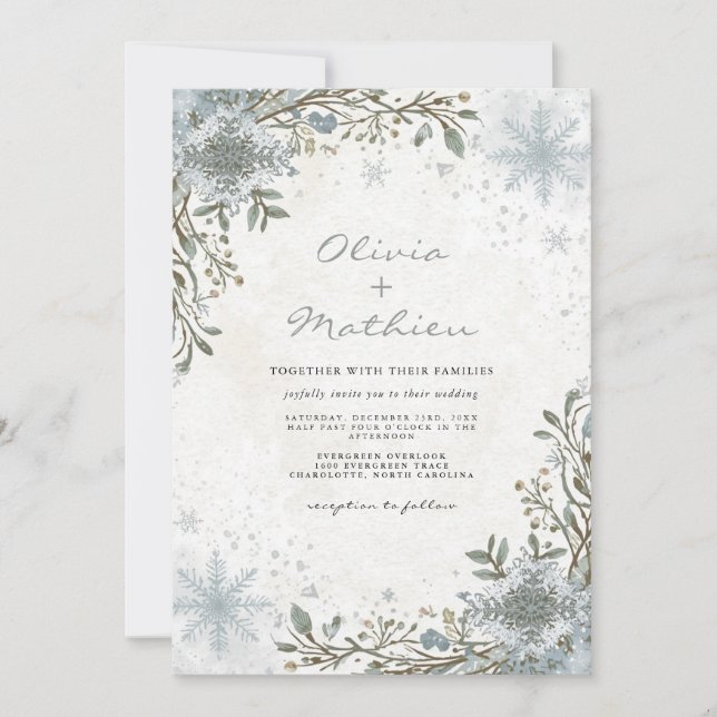 Frosty Blue Winter Botanical Floral Wedding Invitation (Front)