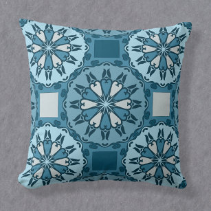 Frosty Blue Winter Mosaic Kaleidoscope Pattern Throw Pillow