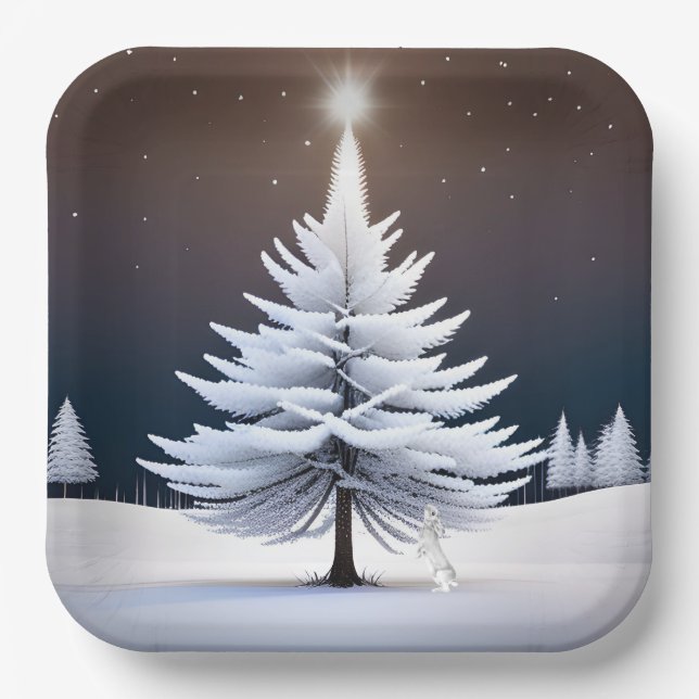 Frosty Christmas Tree With Bunny Paper Plates (Front)