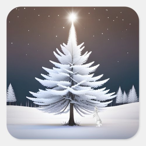 Frosty Christmas Tree With Winter Bunny Square Sticker