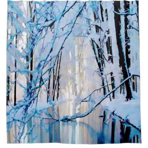 Frosty Creek Winter Snow Black Blue White Colors Shower Curtain