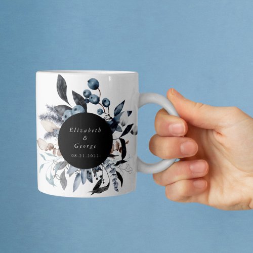 Frosty Dusty Blue Winter Floral Monogram Wedding Coffee Mug