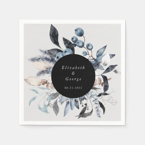 frosty dusty blue winter floral monogram wedding napkins