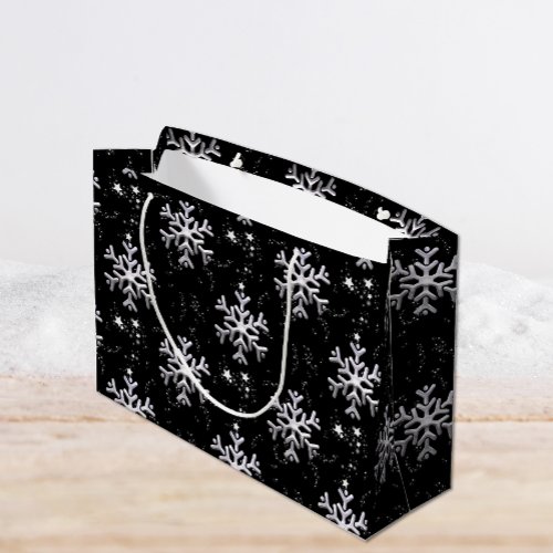 Frosty Elegance Snowflake Splendor Black Christmas Large Gift Bag