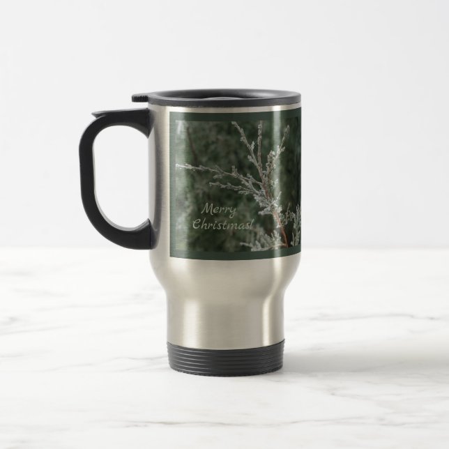 Frosty Evergreen Branch Merry Christmas  Travel Mug (Left)