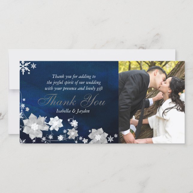 Frosty Floral Winter Wedding Thank You Photo Card (Front)