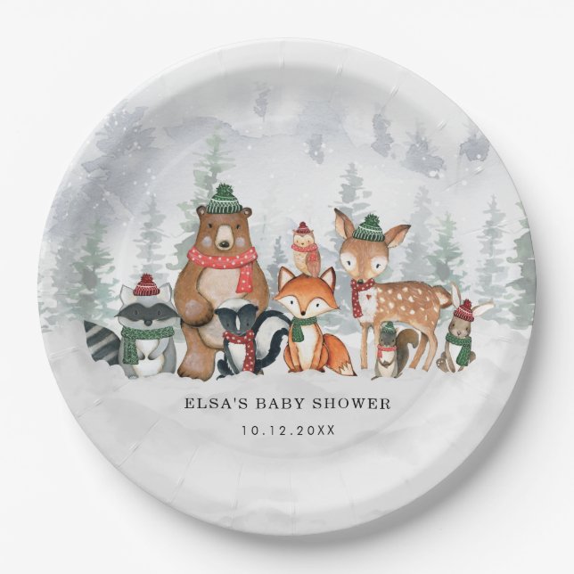 Frosty Forest Winter Woodland Baby Animals Holiday Paper Plates (Front)