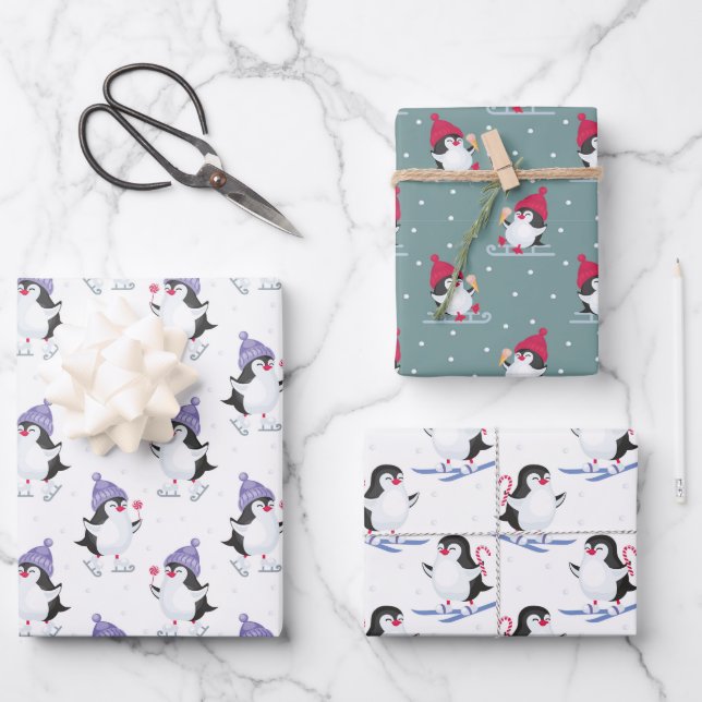 Frosty Friends Penguin Themed Christmas Wrapping Paper Sheets (Front)