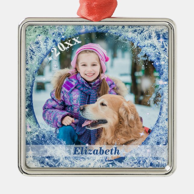 Frosty Frozen Photo Frame Personalized Metal Ornament (Front)