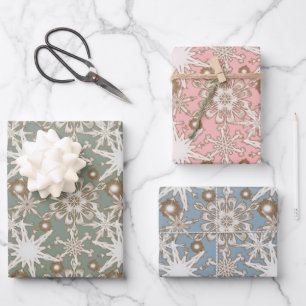 Frosty Gold Trimmed Snowflakes Wrapping Paper Sheets