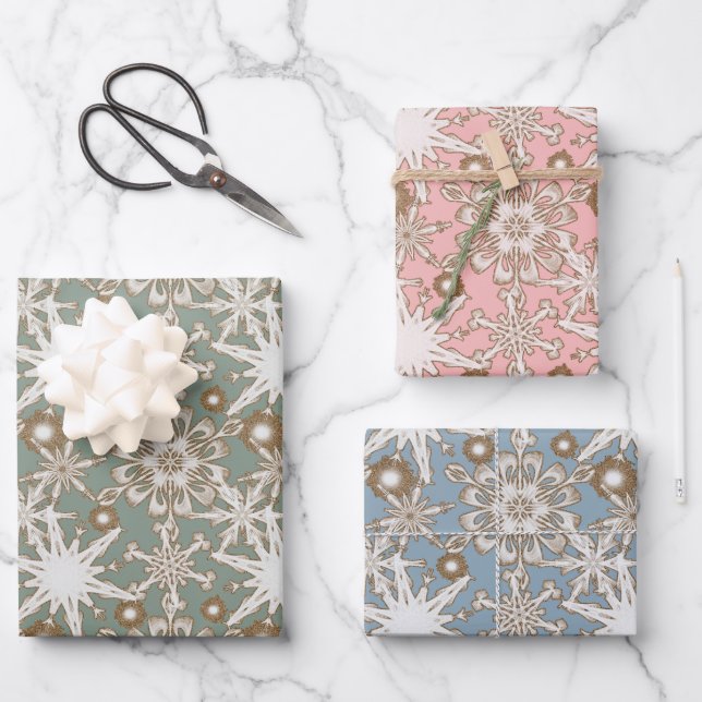 Frosty Gold Trimmed Snowflakes  Wrapping Paper Sheets (Front)