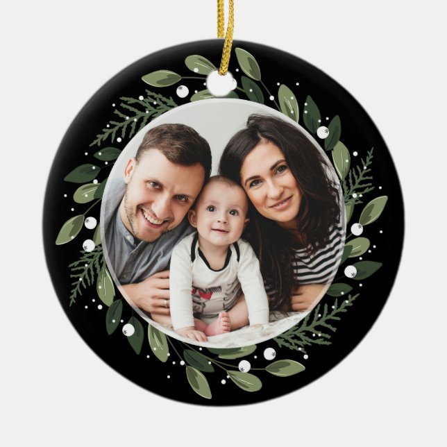 Frosty Green Wreath Ceramic Ornament (Front)