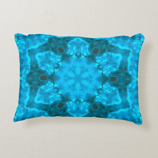 Frosty Ice Blue Snowflake Kaleidoscope Pattern Accent Pillow (Back)
