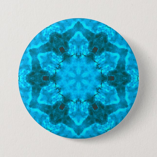 Frosty Ice Blue Snowflake Kaleidoscope Pattern Button (Front)