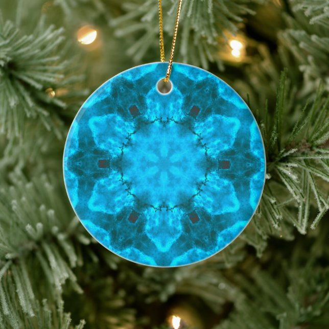 Frosty Ice Blue Snowflake Kaleidoscope Pattern Ceramic Ornament (Tree)