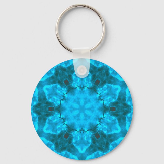 Frosty Ice Blue Snowflake Kaleidoscope Pattern Keychain (Front)