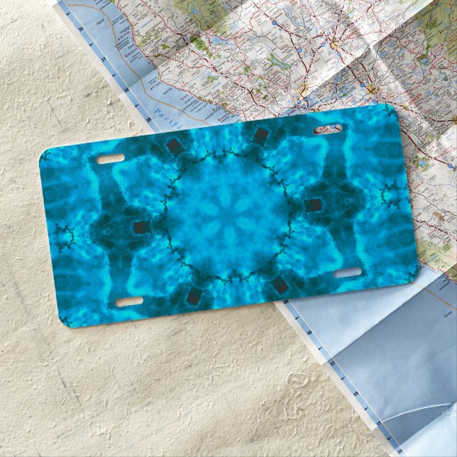 Frosty Ice Blue Snowflake Kaleidoscope Pattern License Plate (In Situ)