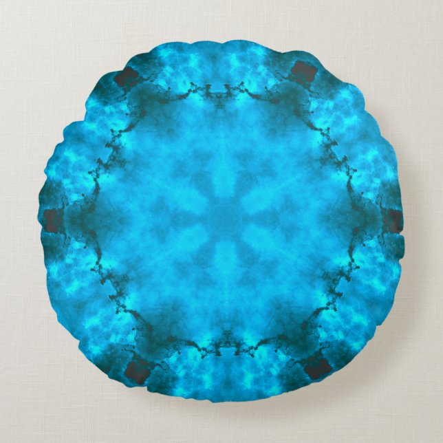 Frosty Ice Blue Snowflake Kaleidoscope Pattern Round Pillow (Front)