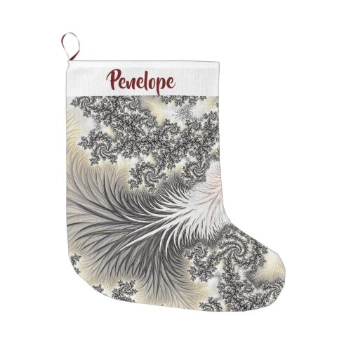 Frosty Ice Crystals Frozen Look Fractal With Name Large Christmas Stocking