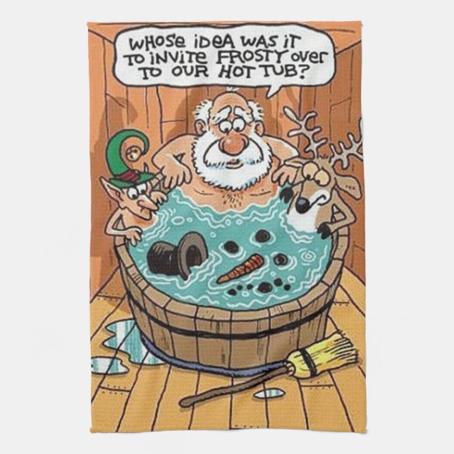 Frosty In A Hot Tub Kitchen Towel (Vertical)