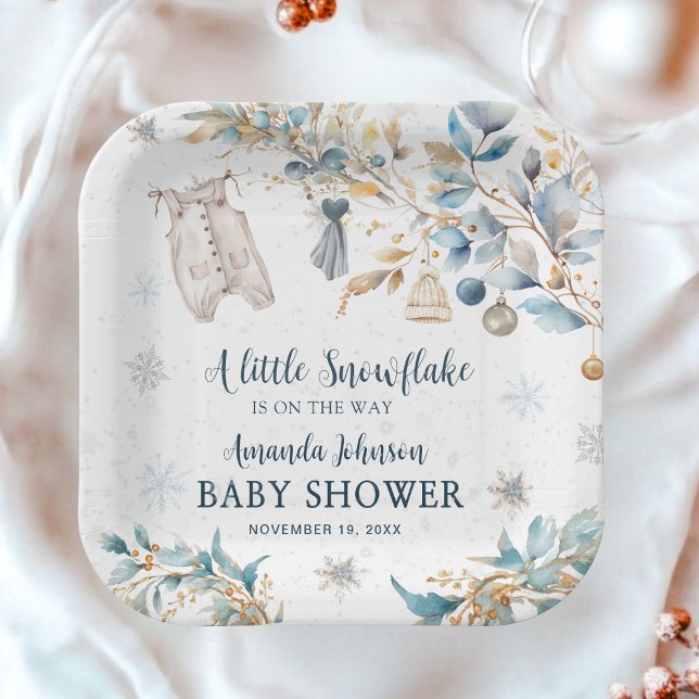 Frosty Little Snowflake Clothesline Baby Shower Paper Plates (Creator Uploaded)